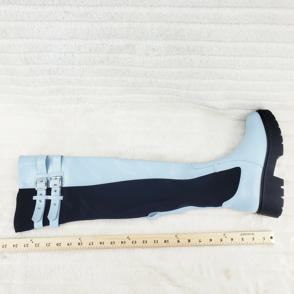 Techno Baby Blue Black Stretch Panel Lug Sole Thigh High Boots - Totally Wicked Footwear