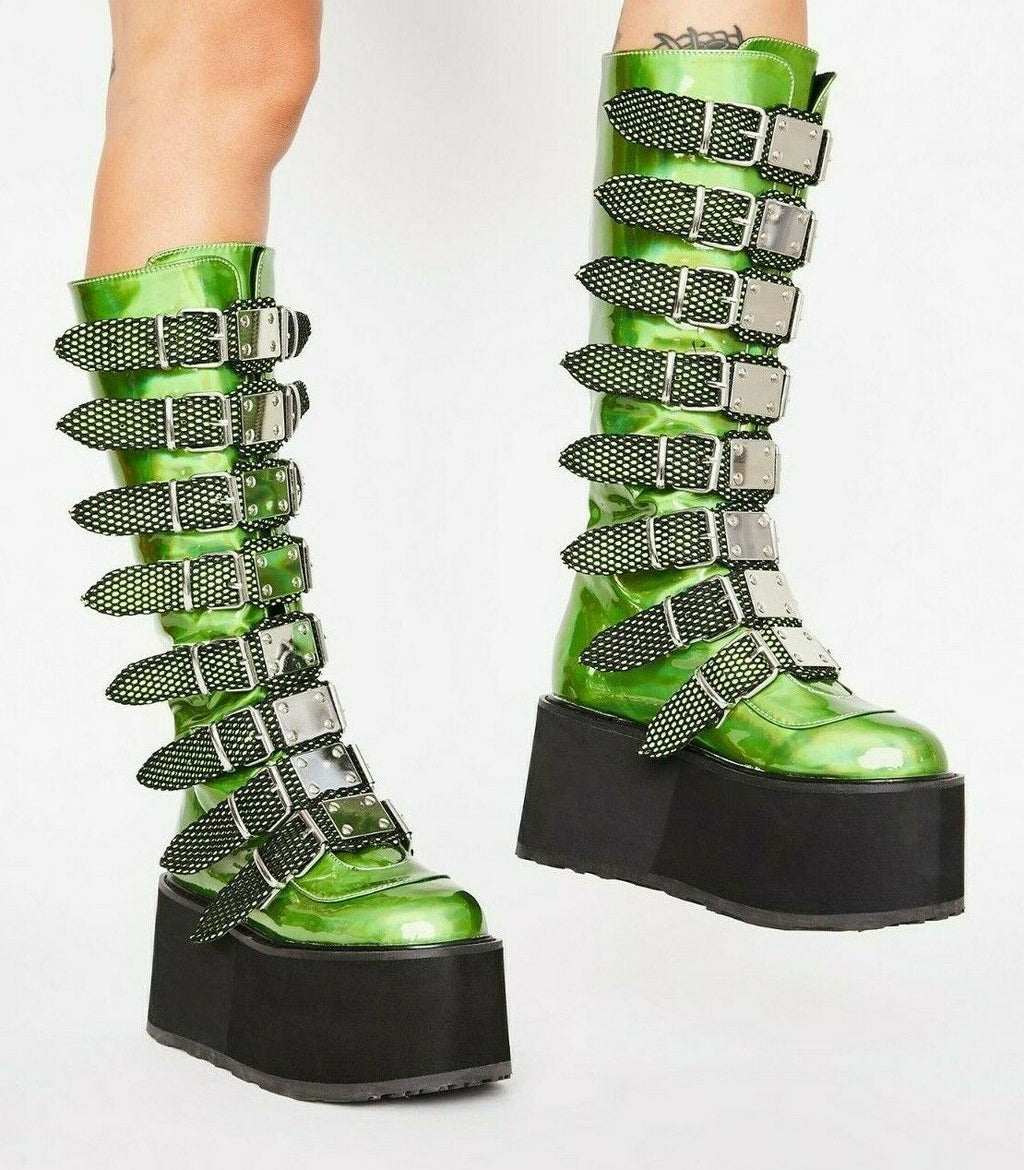 Damned 318 Multi Strap 3.5" Platform Cyber Punk Knee Boots Lime Green NY - Totally Wicked Footwear