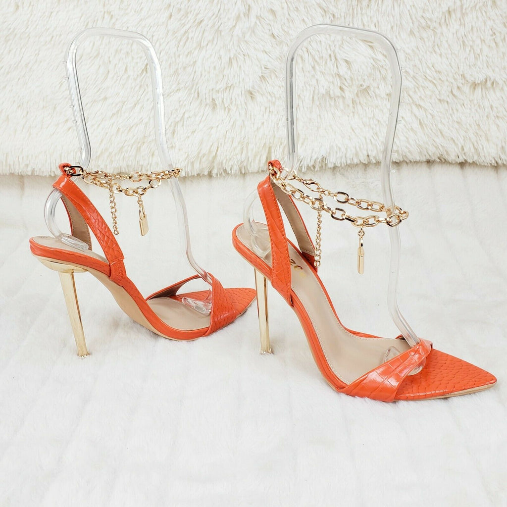 Nicely Pad Lock Chain Strap High Heels Metal Toe Tip Shoes Orange - Totally Wicked Footwear