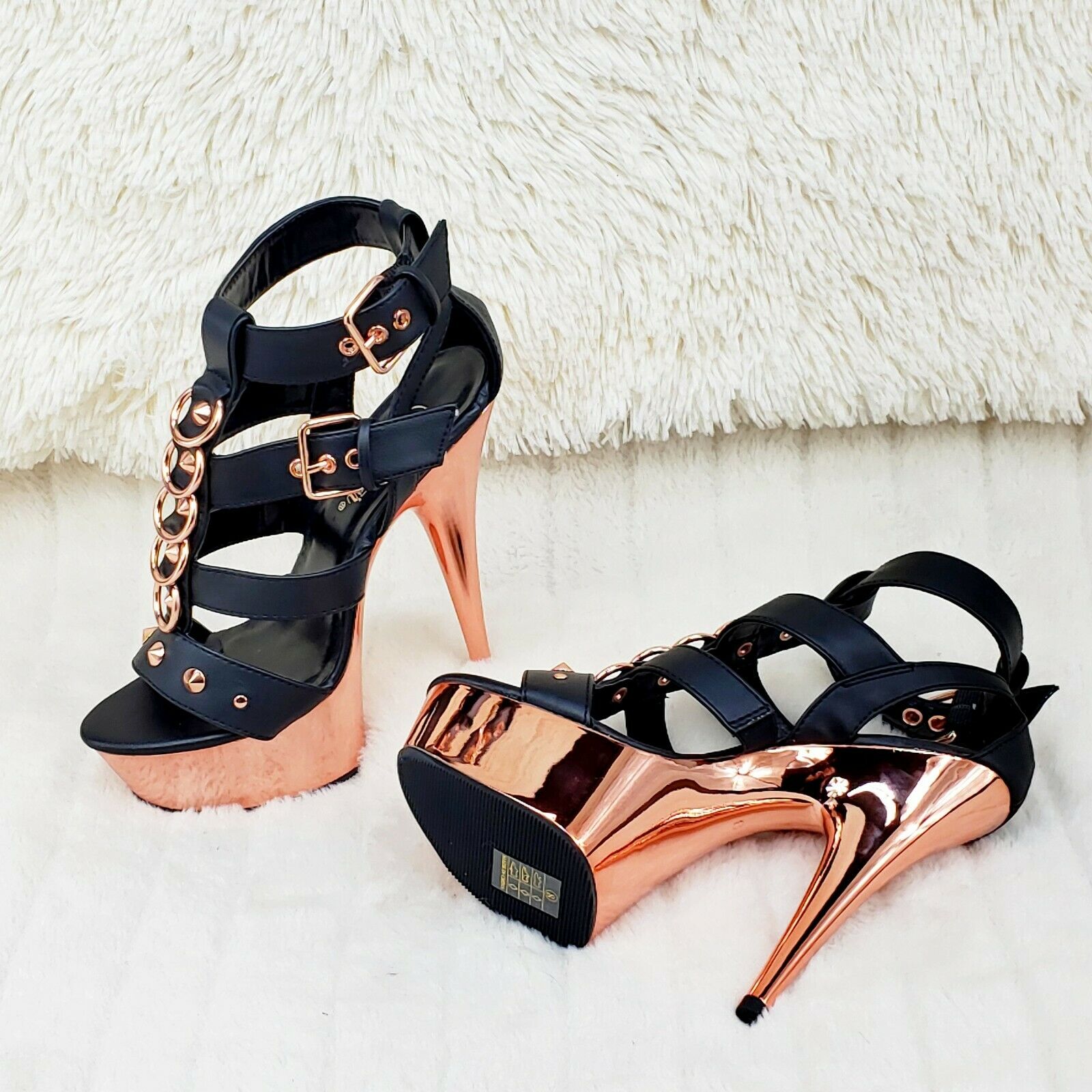 Delight 658 Black Rose Gold Cage Strap 6" High Heel Shoe Bull Ring US Sizes NY - Totally Wicked Footwear