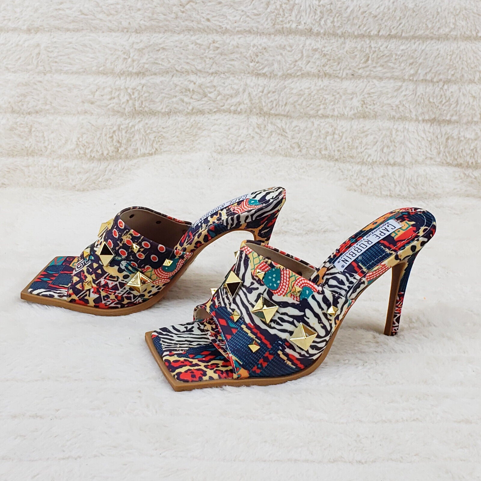 Popo Slip On Square Open Toe High Heel Clogs Mules Slides Multi Print - Totally Wicked Footwear