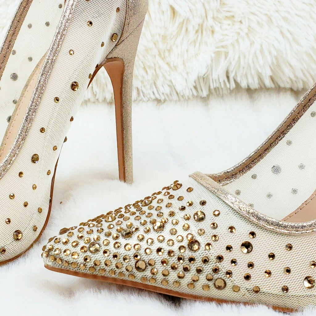 Krayzie Gold Mesh Jeweled 4.5" High Heel Stiletto Shoes Pointy Toe Pumps 6-10 - Totally Wicked Footwear