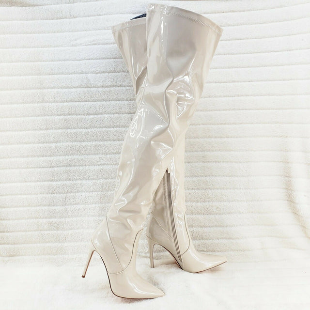 Bad Girlz Off White Patent Wide Top Thigh High Boots 4.5" Heels - Totally Wicked Footwear
