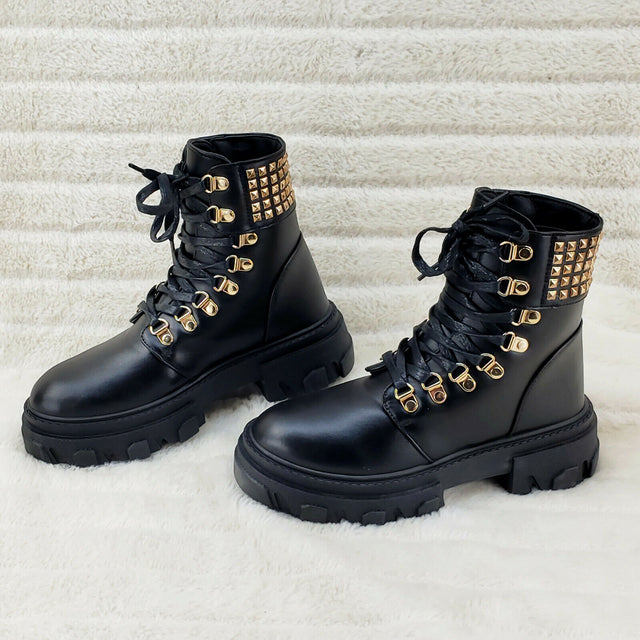 Nina Black Gold Tone Hardware Studded Combat Ankle Boots - Totally Wicked Footwear