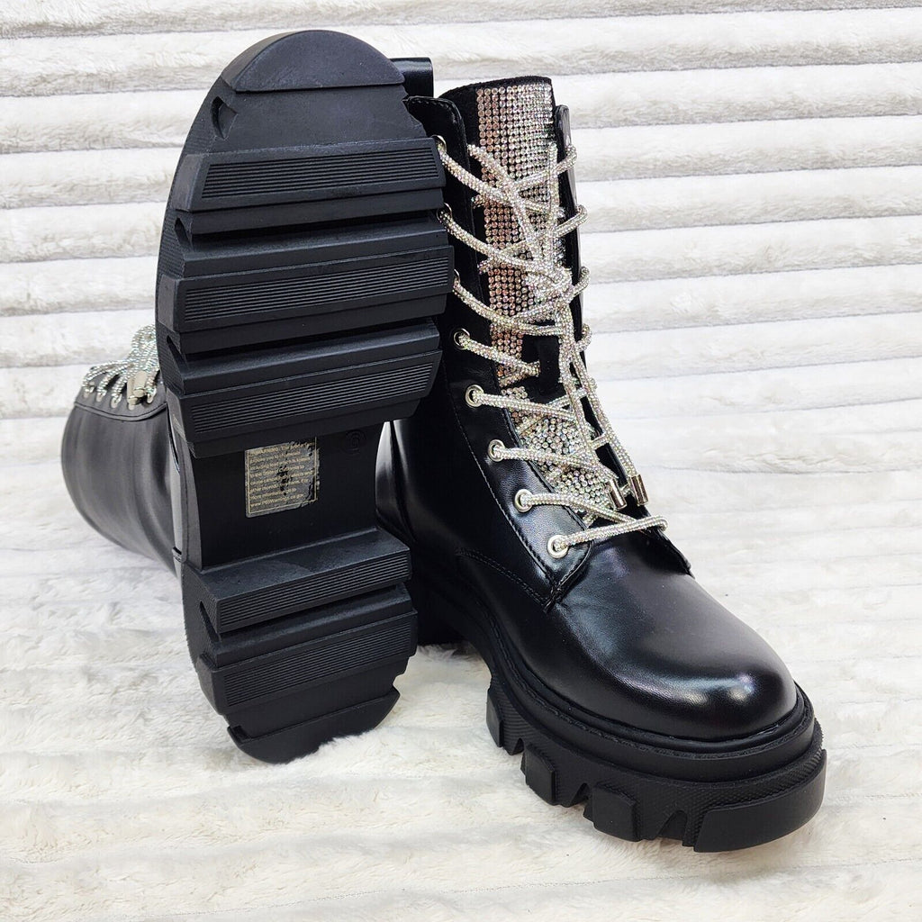 Rowan Black Combat Ankle Boots Iridescent Rhinestone Tongue and Rope Laces - Totally Wicked Footwear