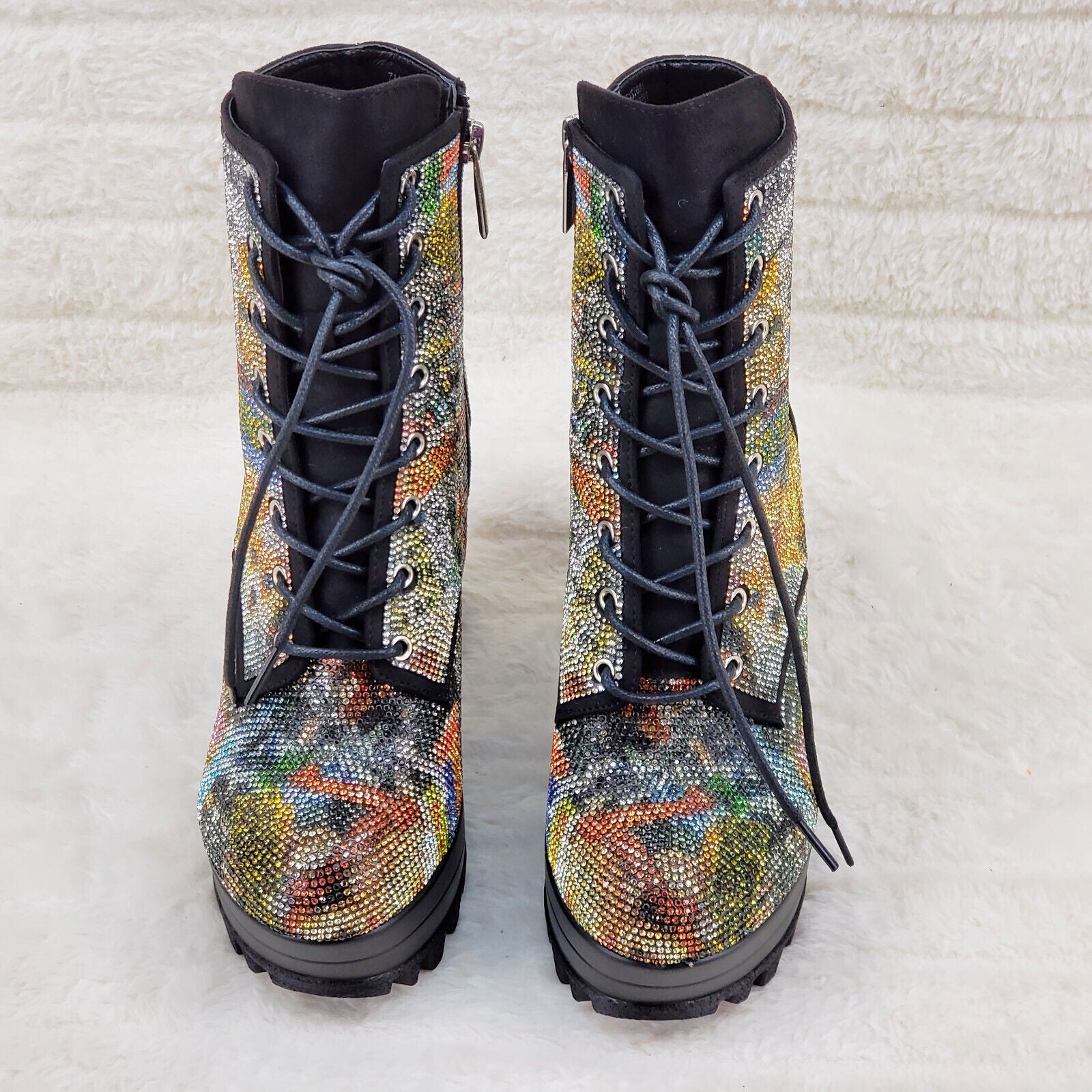 News Story Multi Sparkle Rhinestone Lug Sole Chunky High Heel Ankle Boots - Totally Wicked Footwear