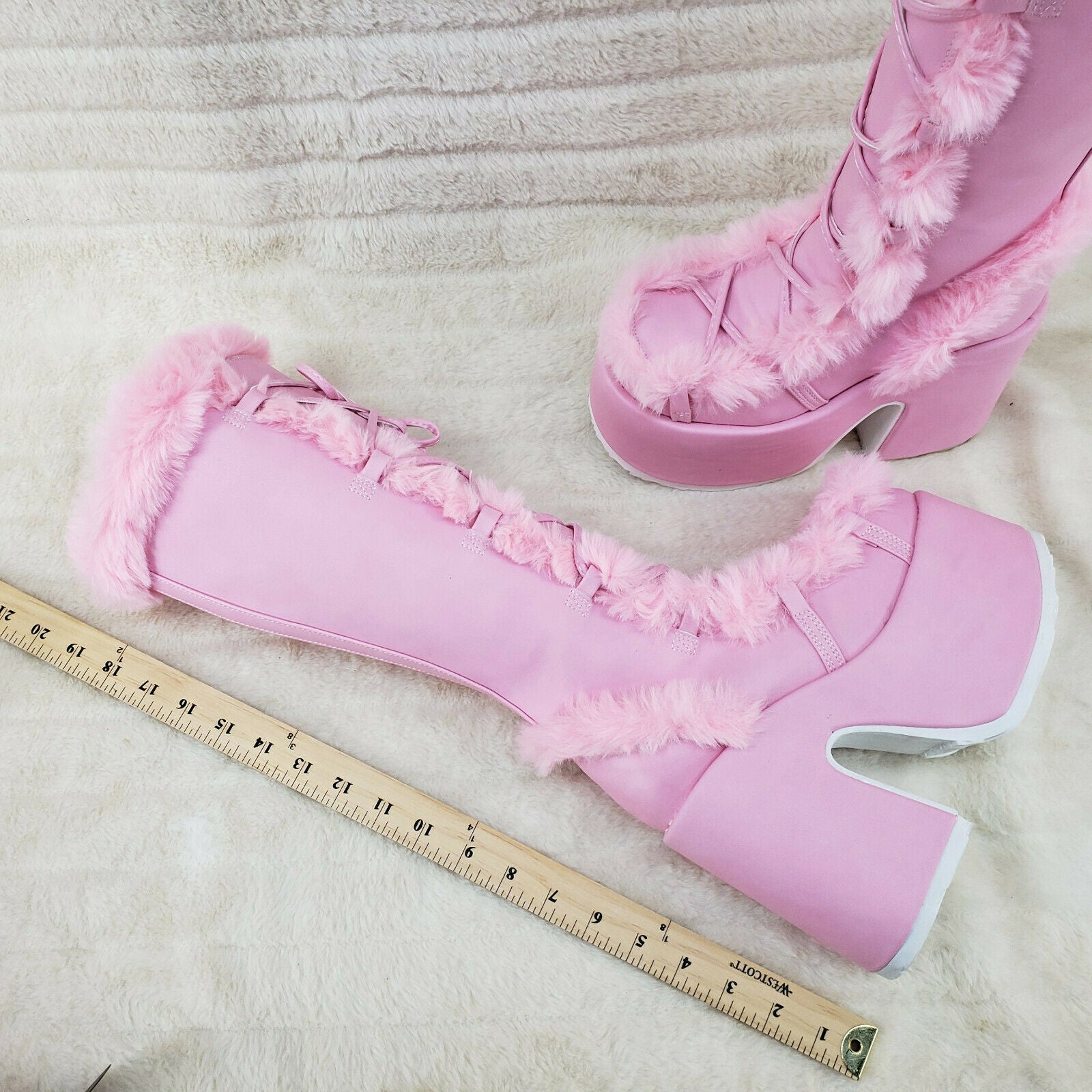Camel 311 Stacked Baby Pink Stomper Platform Goth Punk Go Go Knee Boots In House - Totally Wicked Footwear