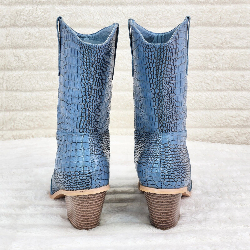 Giddy Up Denim Blue Snake Embossed Western Cowgirl Pull On Ankle Boots - Totally Wicked Footwear