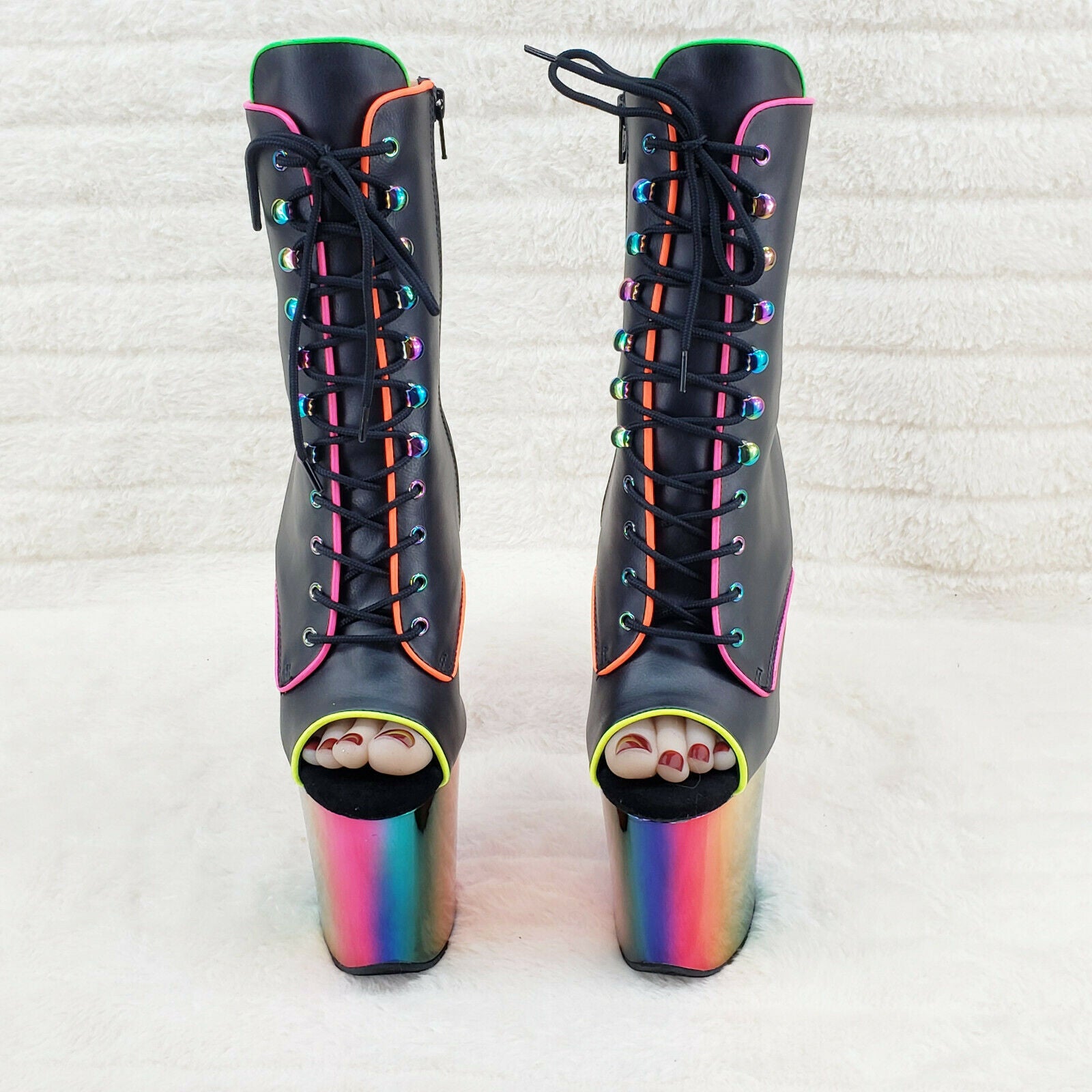 Flamingo 1021RC Rainbow Chrome 8" Heels Platform Neon Trim Ankle Boots NY - Totally Wicked Footwear