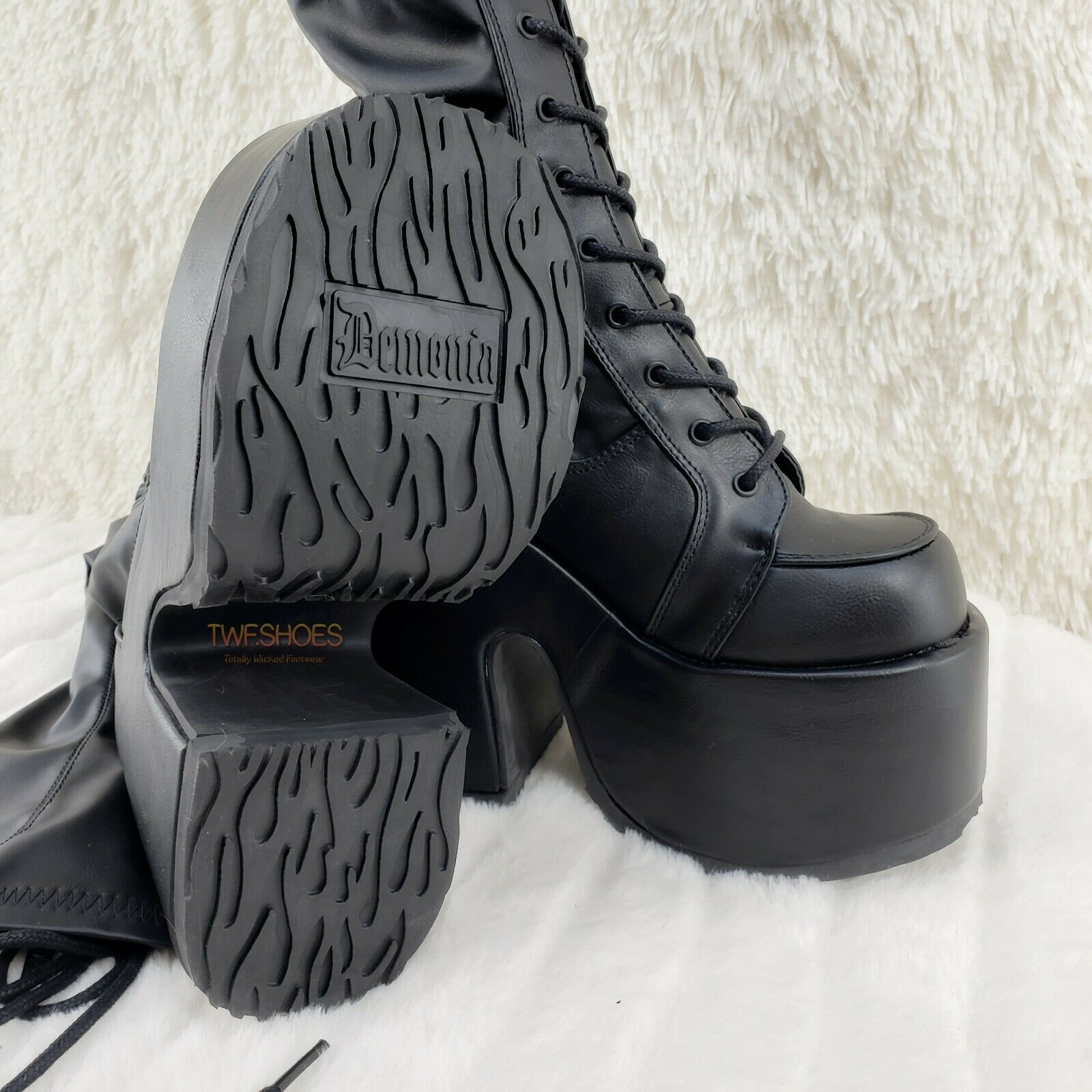 Camel 300 Platform 5" Heel Stretch Lace Up Goth Punk Thigh Boots Black Matte NY - Totally Wicked Footwear
