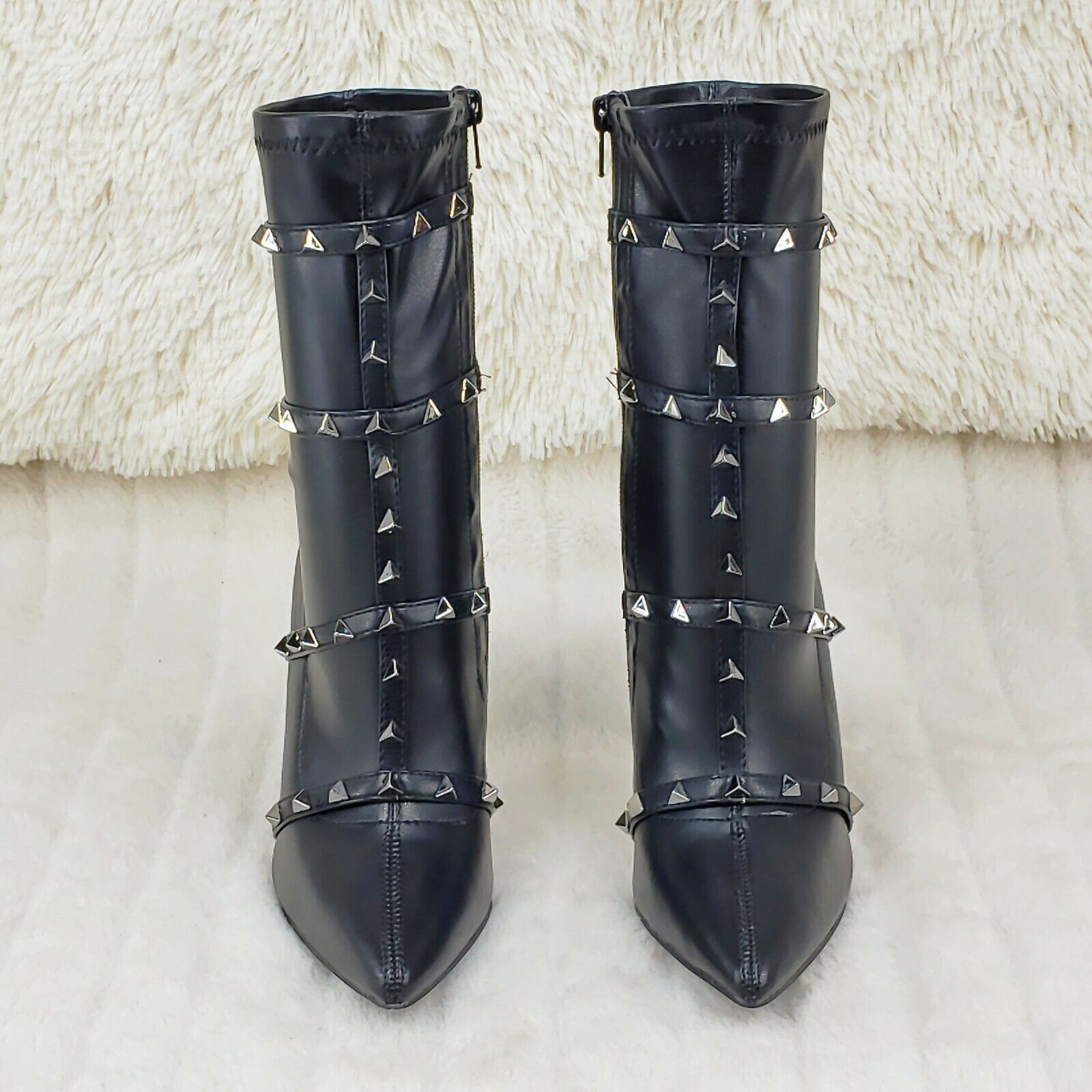 Mark Pyramid Stud Strap High Heel Pointy Toe Stretch Ankle Boots Black - Totally Wicked Footwear