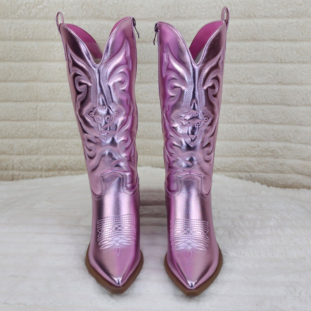 Disco Cowgirl Metallic Pink Cowboy Knee Boots Western Block Heels US Sizes - Totally Wicked Footwear