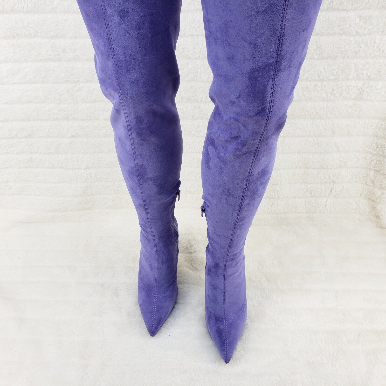 Sexy Girlz Faux Stretch Purple Suede High Heel Pointy Toe Platform Thigh Boots - Totally Wicked Footwear