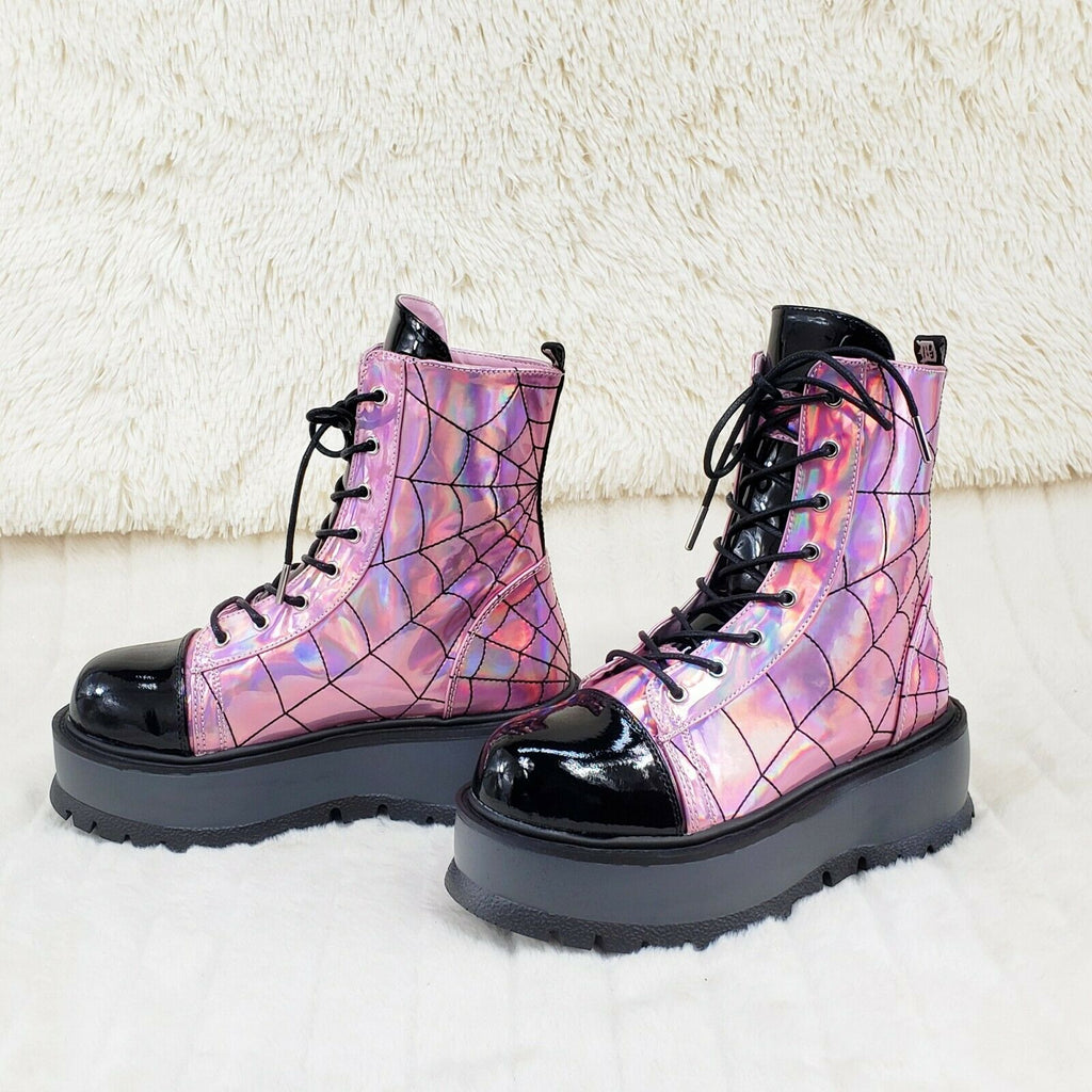 Slacker 88 Pink Hologram Spider Web Design Up Ankle Boots US 6-12 Goth NY - Totally Wicked Footwear