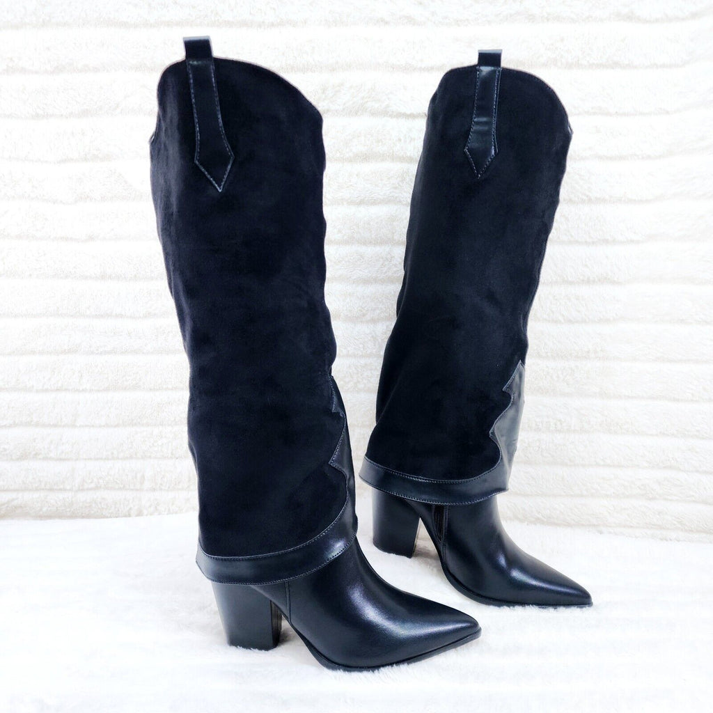 Branded Black Skirted Fold Over Western Knee High Cowgirl Boots - Totally Wicked Footwear