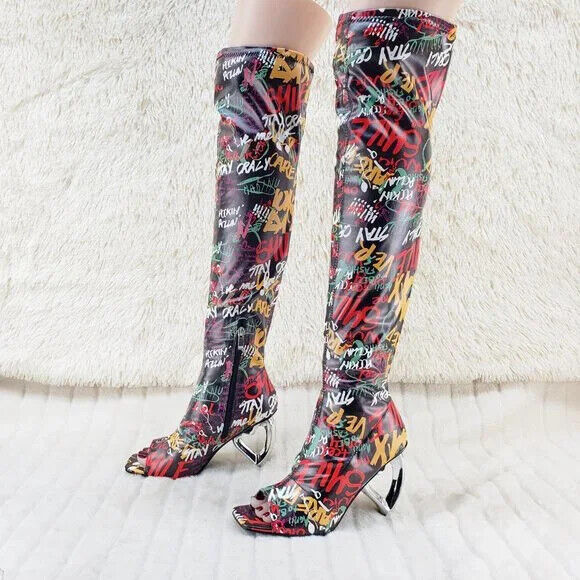 Zen Love Colorful Graffiti Print Over The Knee Boots With Wedge Heart heels - Totally Wicked Footwear