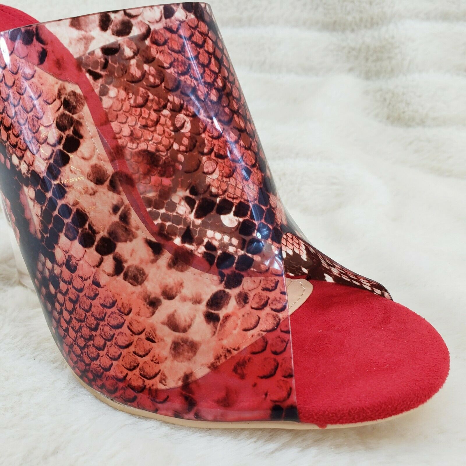 Mac J Red Transparent Snake Print Slip On Clog 5" Clear Acrylic Wedge Heels - Totally Wicked Footwear