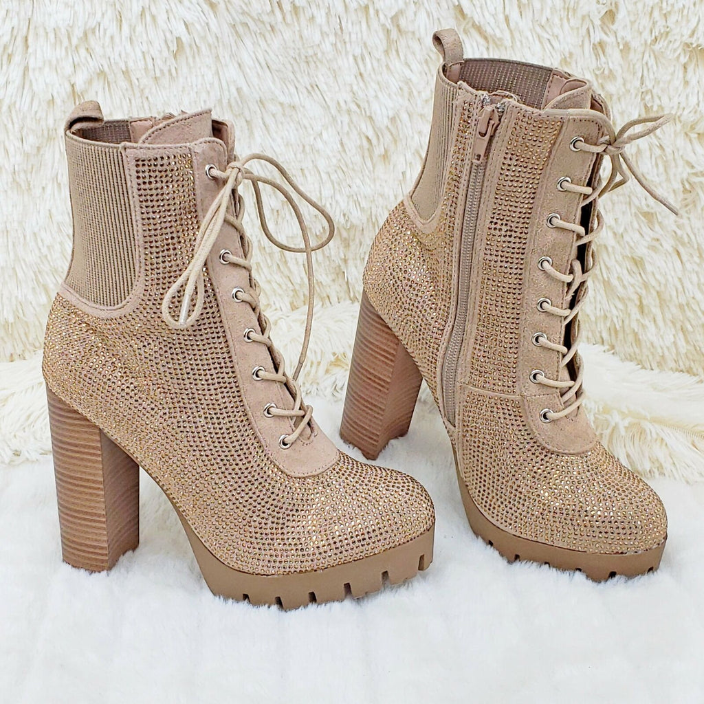 Wild Diva Veronica Rhinestone Chunky Heel Ankle Boots Natural - Totally Wicked Footwear