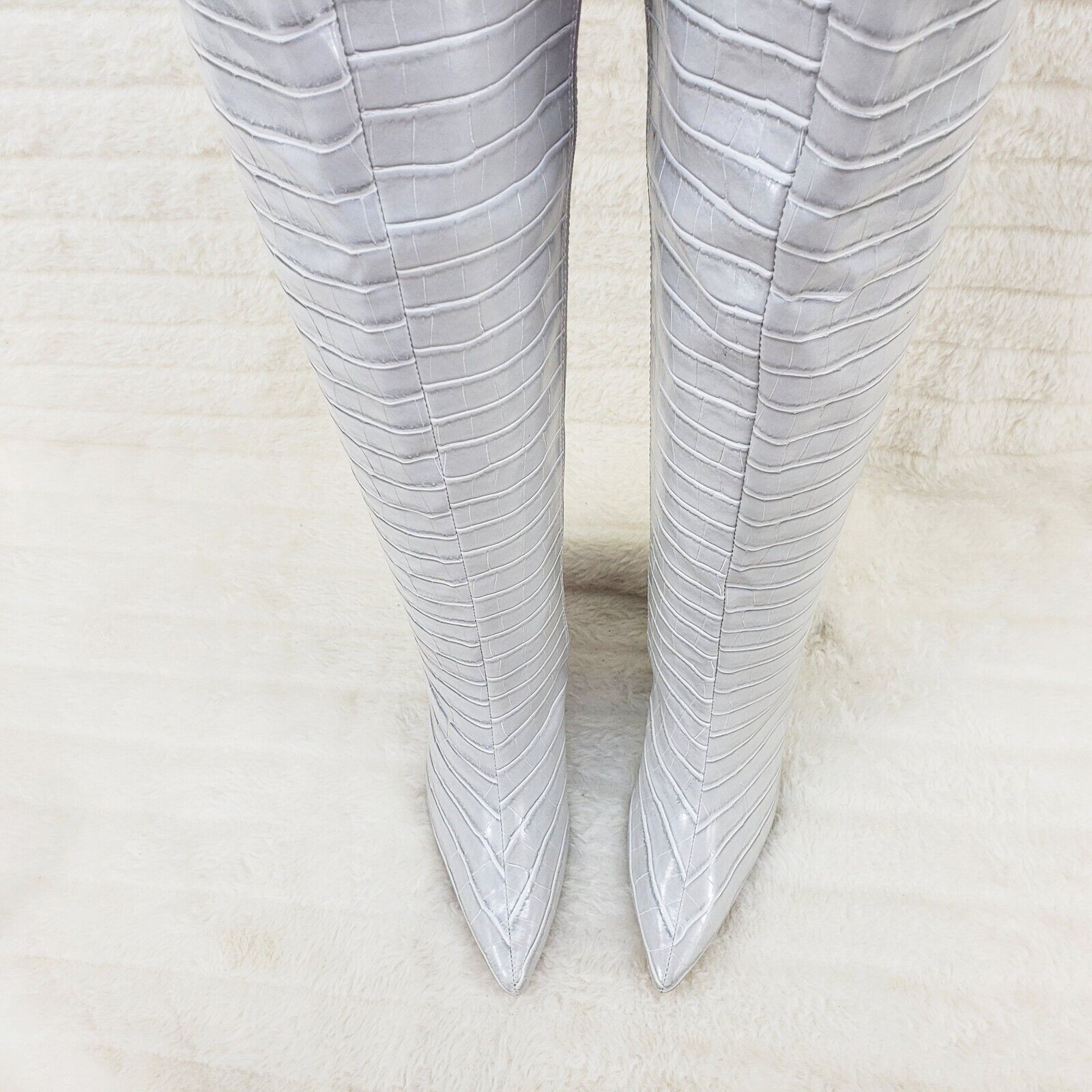 Ice White / Grey Reptile Texture Knee High Wedge Heel Boots Lexis - Totally Wicked Footwear