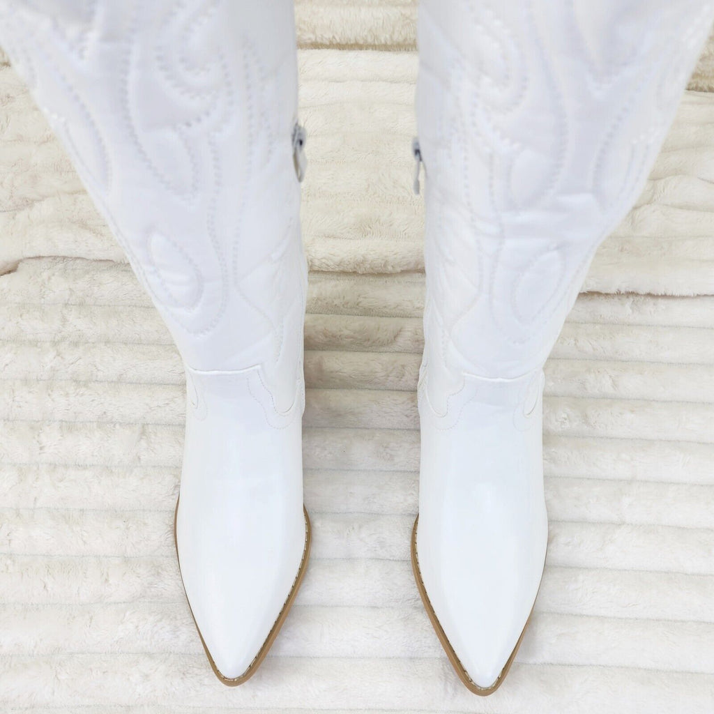 Country Rock White Cowgirl Cowboy Knee Boots Western Block Heels US Sizes - Totally Wicked Footwear
