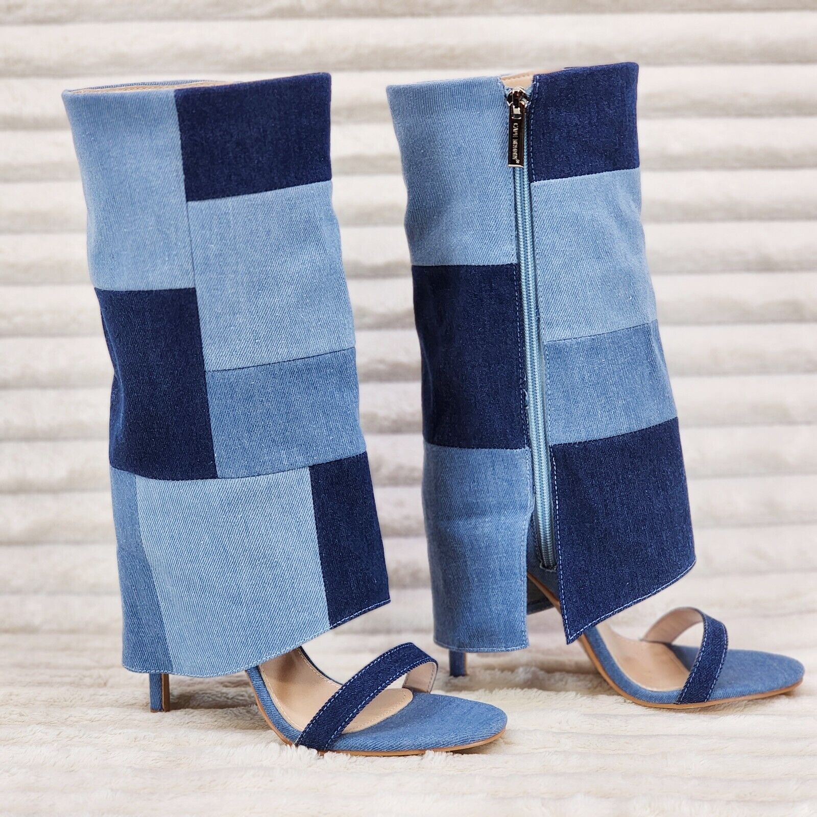 Paris Denim Patchwork Stiletto Fold Over Skirted Shootie Boot Sandals - Totally Wicked Footwear