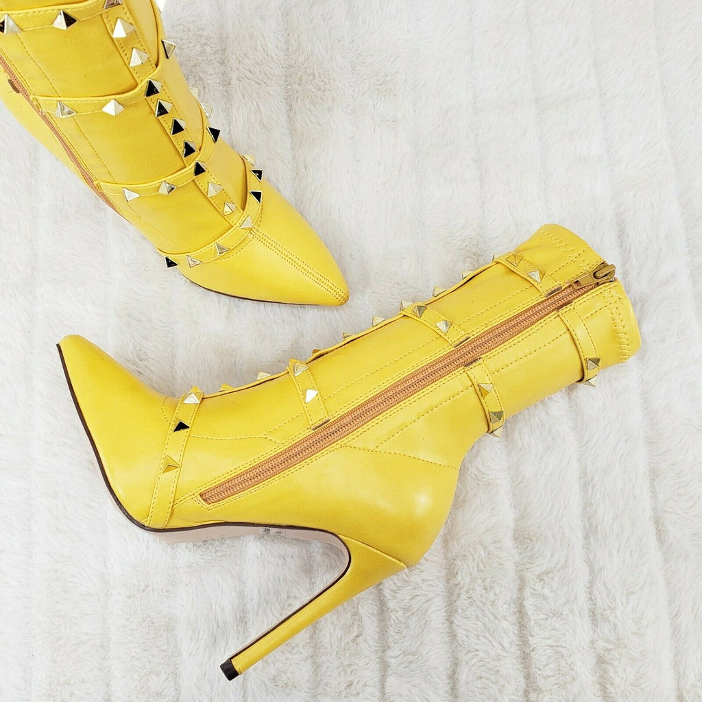 Mark Pyramid Stud Strap High Heel Pointy Toe Stretch Ankle Boots Yellow - Totally Wicked Footwear