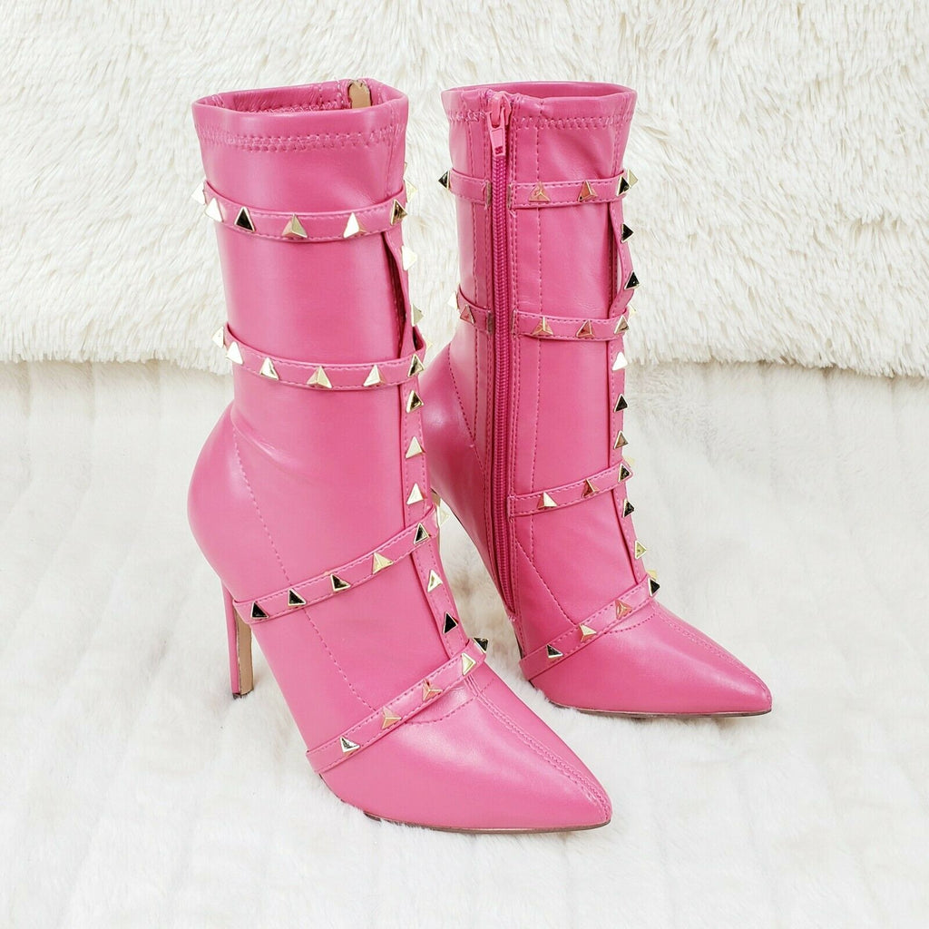 Mark Pyramid Stud Strap High Heel Toe Stretch Ankle Boots Fuchsia Pink | Totally Wicked