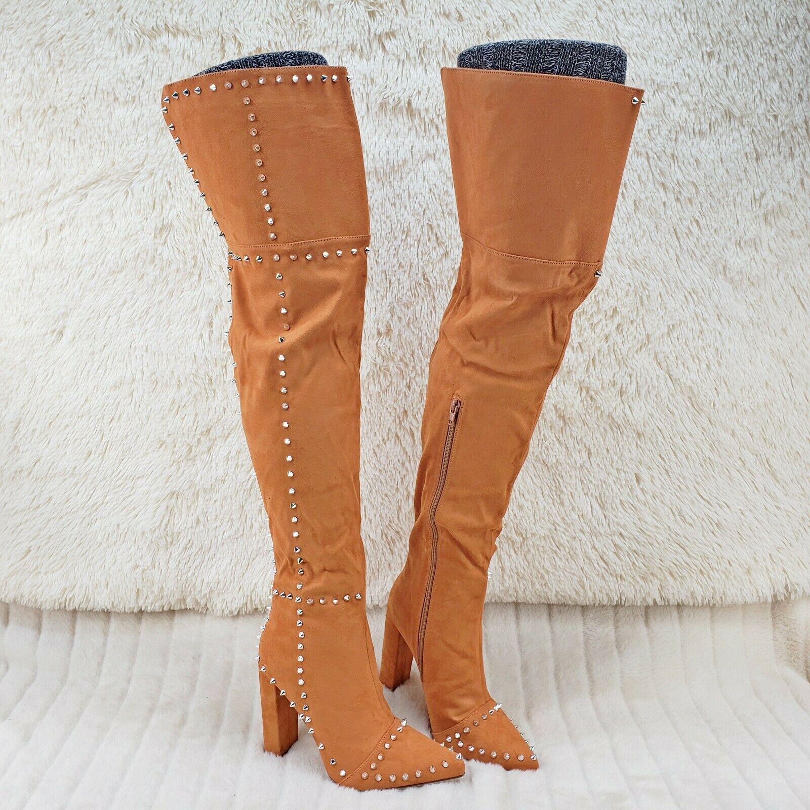 Steph Tan Camel Faux Suede Silver Tone Studded Thigh High Chunky Heel Boots - Totally Wicked Footwear