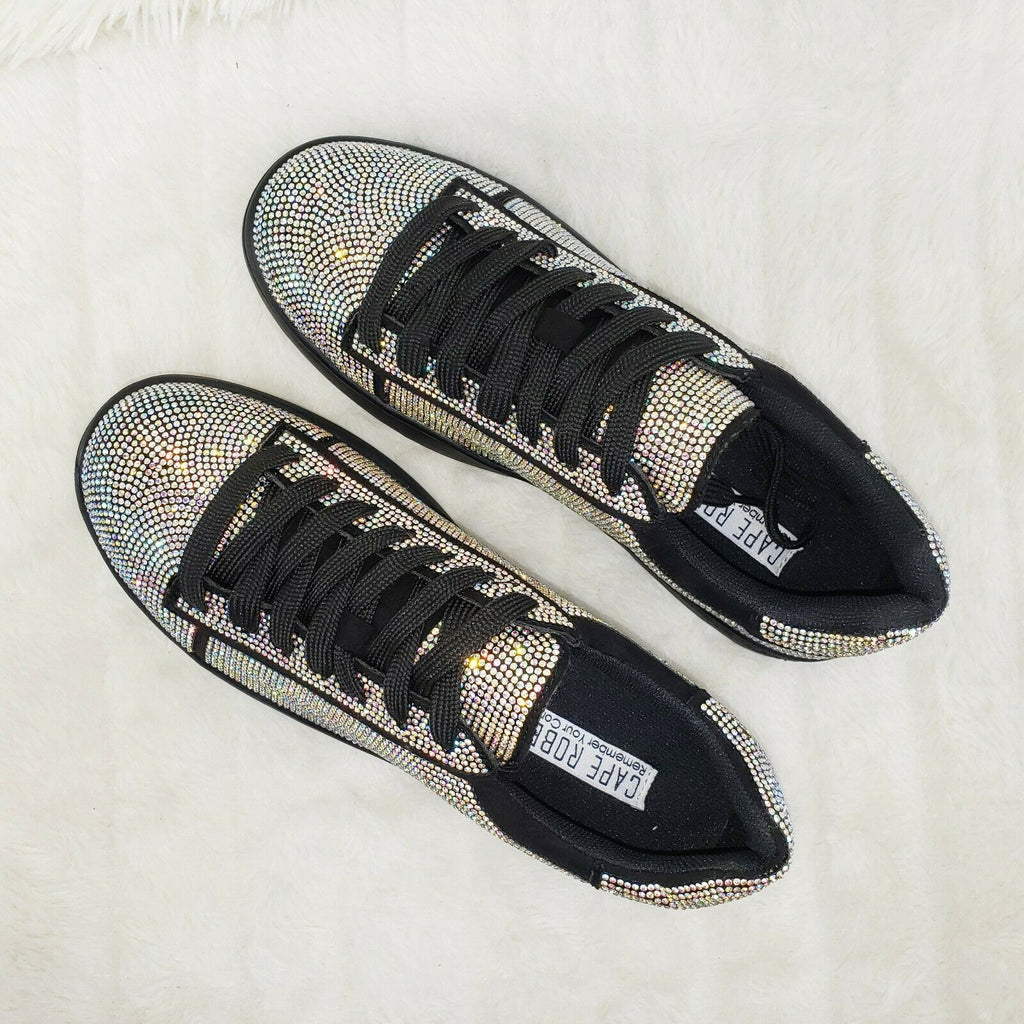 CR Queen Black Iridescent Rhinestone Lace Up Platform Bling Sneakers | Wicked Footwear