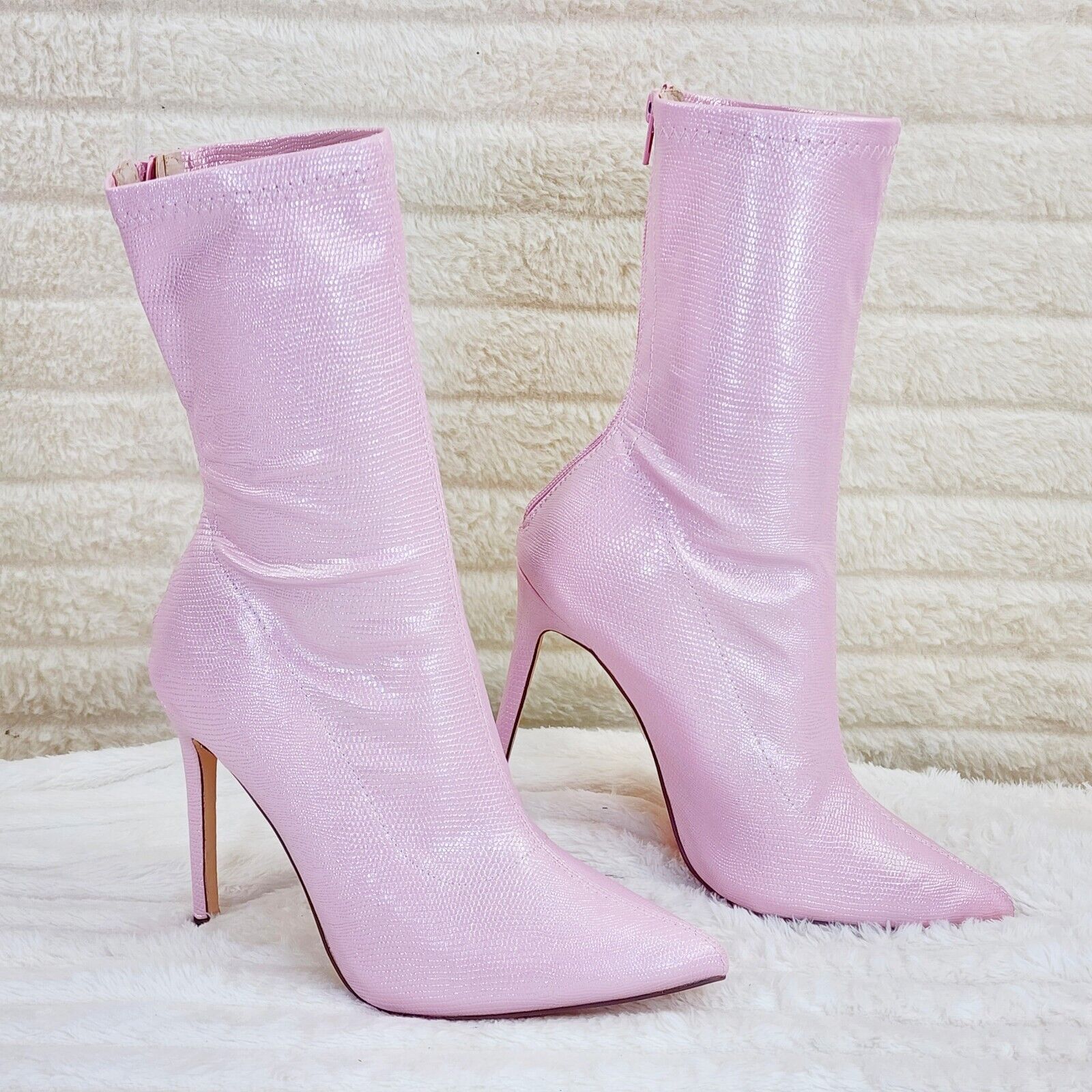 Odin Shimmery Baby Pink High Heel Stretch Fabric Ankle Boots - Totally Wicked Footwear