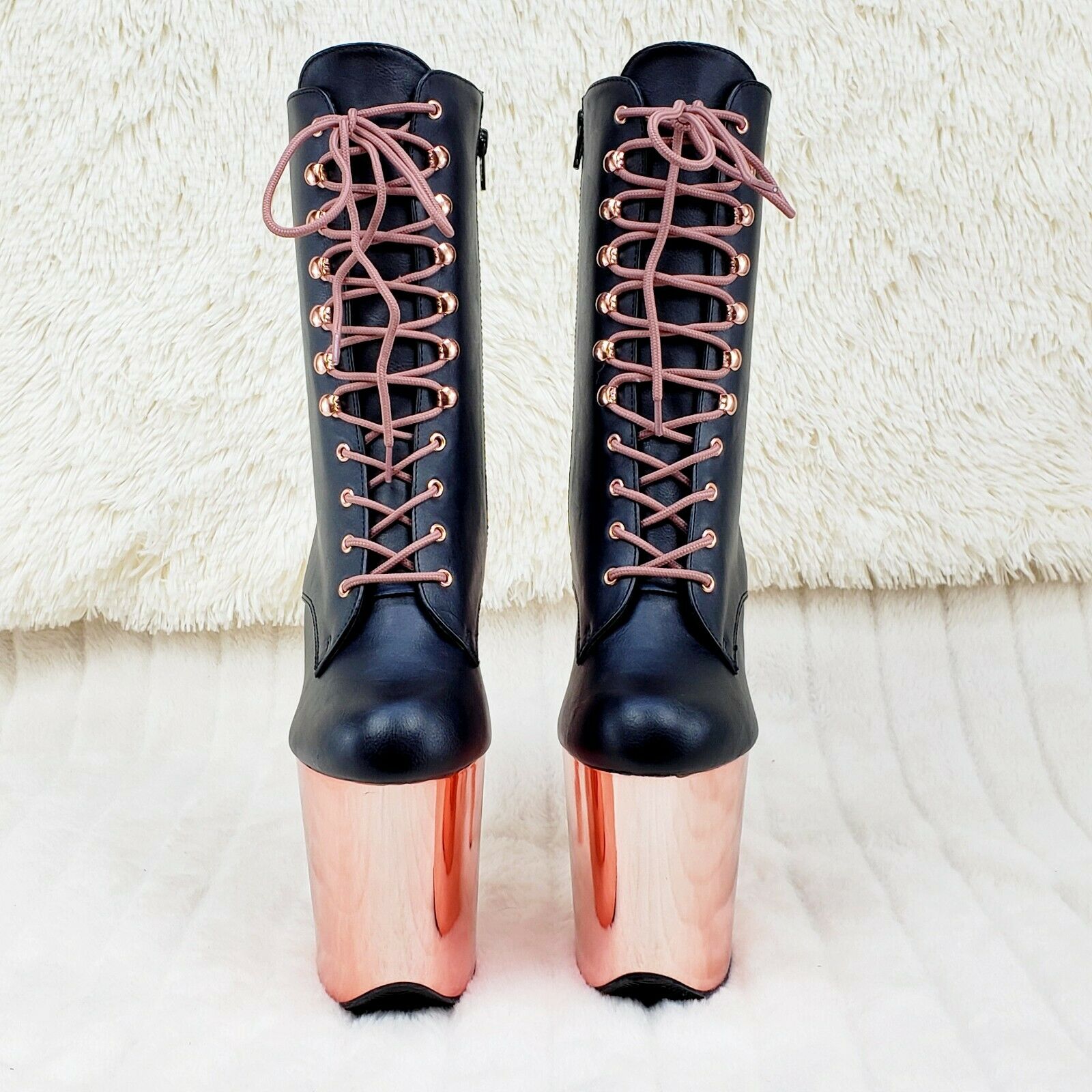 Flamingo 1020 Black Matte Rose Gold Platform 8" Heel Ankle Boots 10 & 12 NY - Totally Wicked Footwear