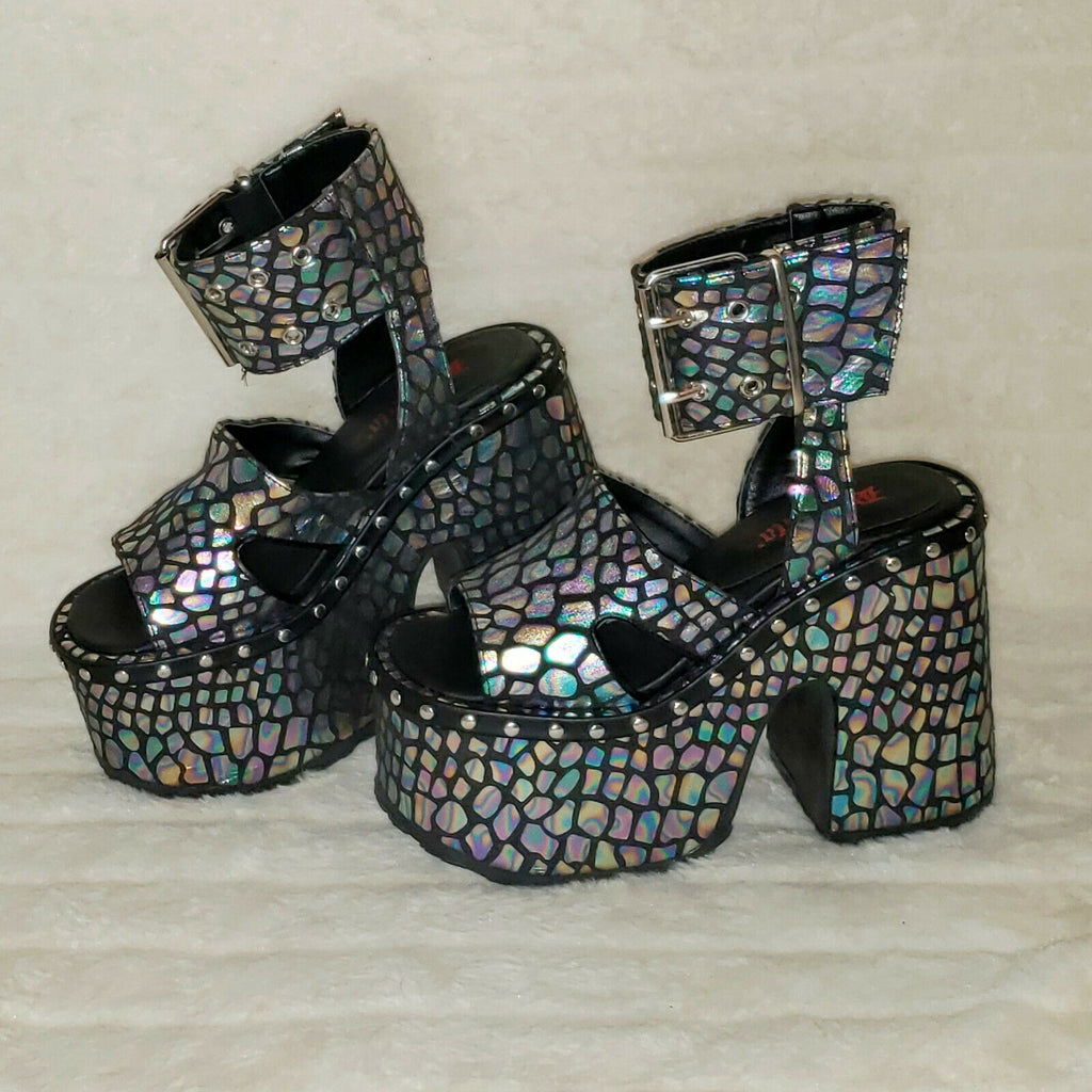 Camel 102 Stacked Black Hologram Platform Sandals Goth Punk 6-12 NY Demonia - Totally Wicked Footwear