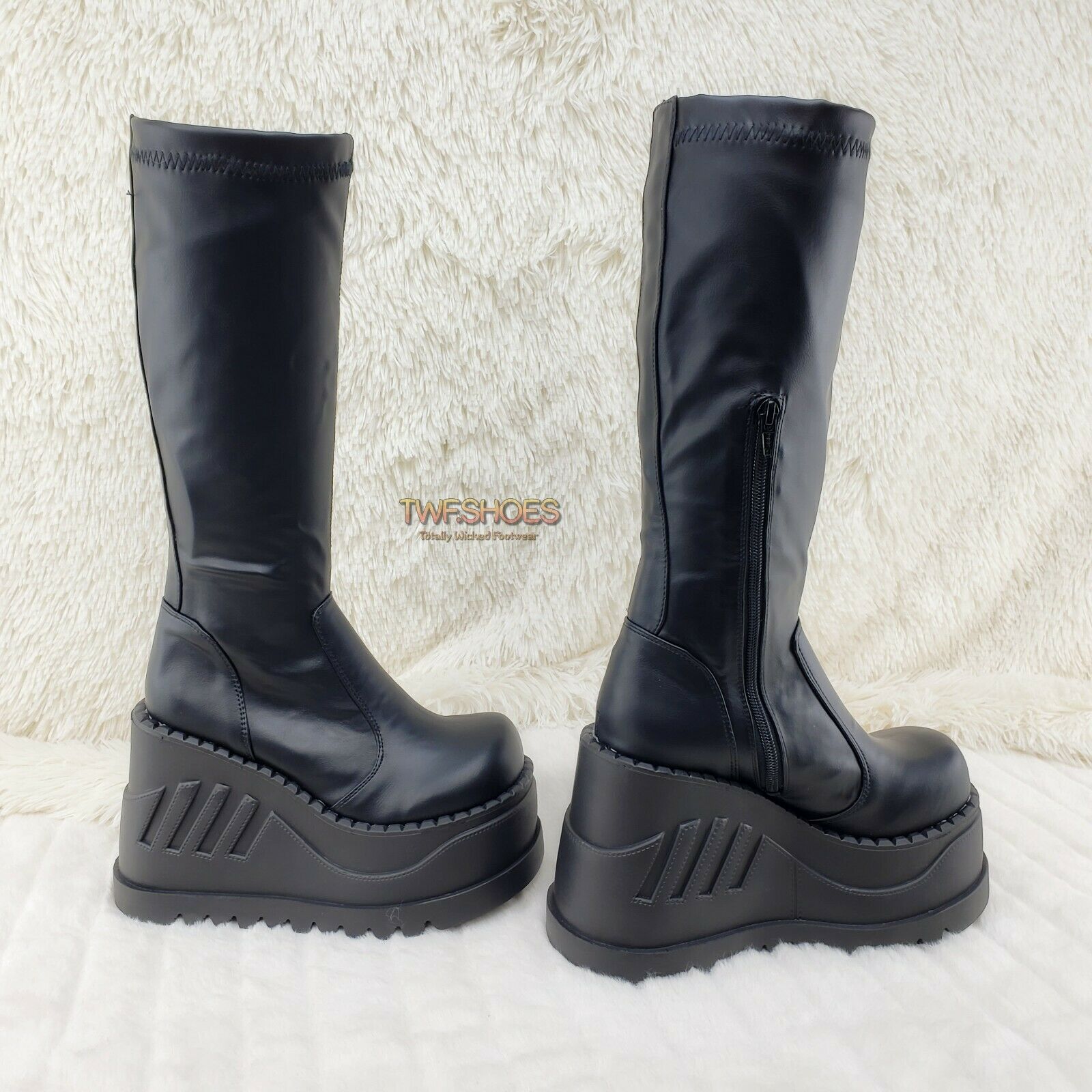 Demonia Stomp 200 Black Matte Platform Wedge Heel Knee Boots NY - Totally Wicked Footwear