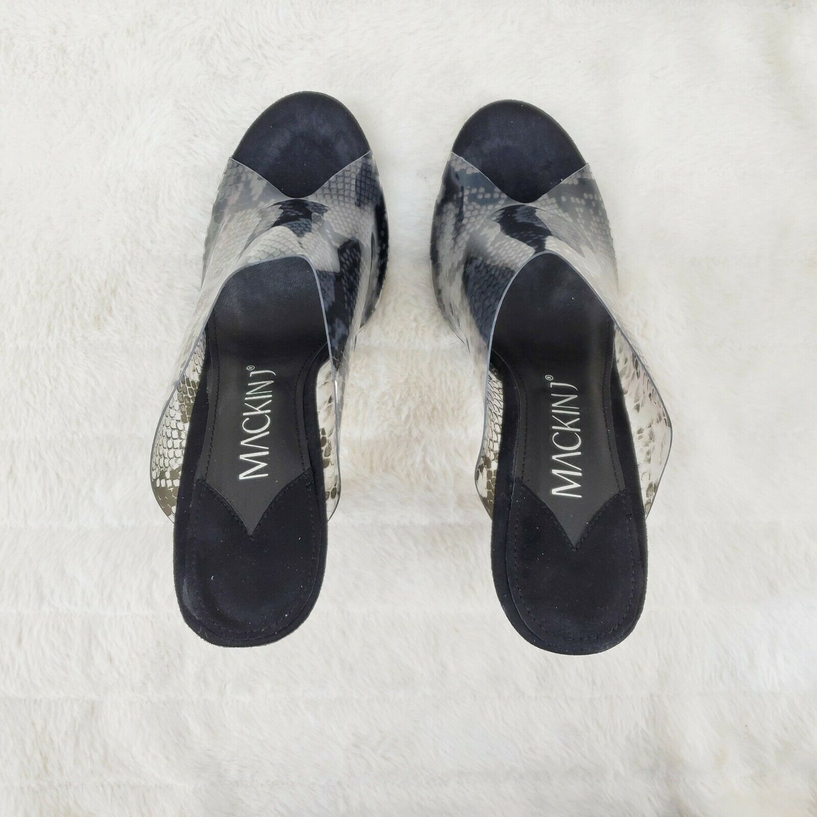 Mac J Black Transparent Snake Print Slip On Clog 5" Clear Acrylic Wedge Heels - Totally Wicked Footwear