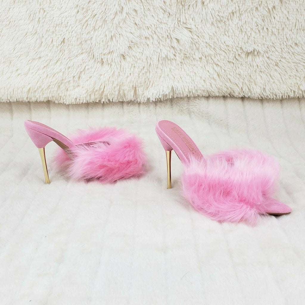 Fuji Furry Pointy Toe Slip On 4.5" Gold Tone Slim Heels Pink - Totally Wicked Footwear