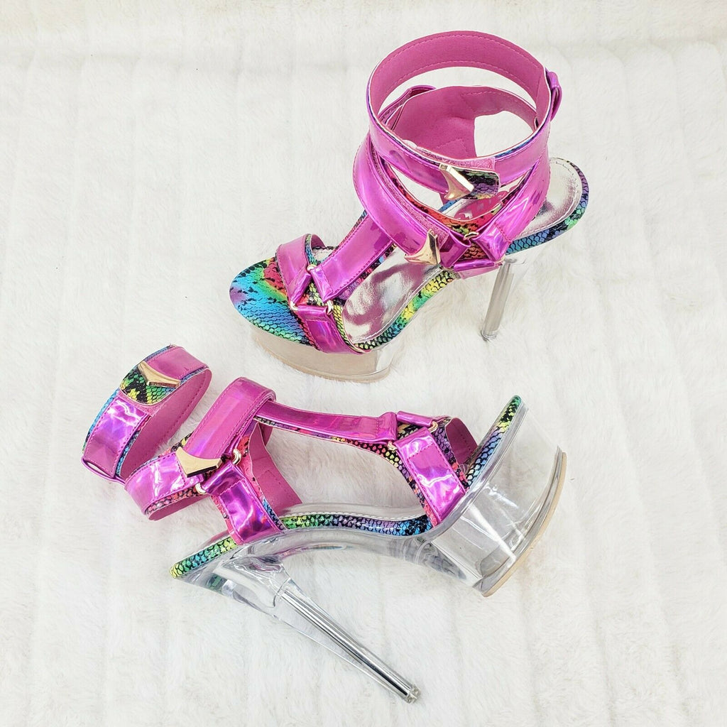 Xapala Fuchsia Hologram Harness Strap Clear Platform Shoes - Totally Wicked Footwear