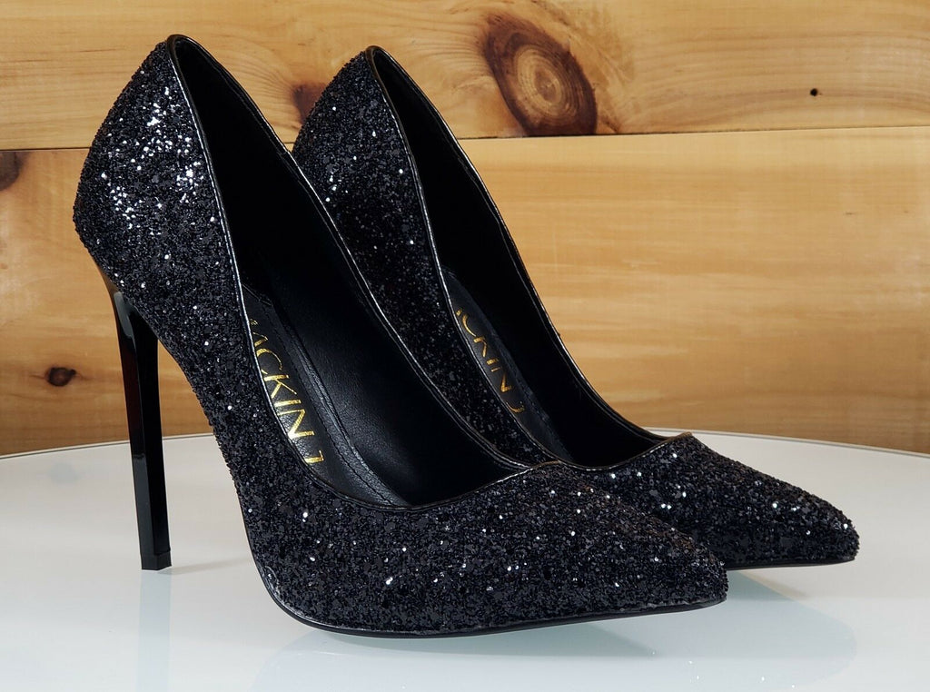 Black Glitter Open Toe Ankle Strap Block Heel Sandals | Mysoft – MYSOFT