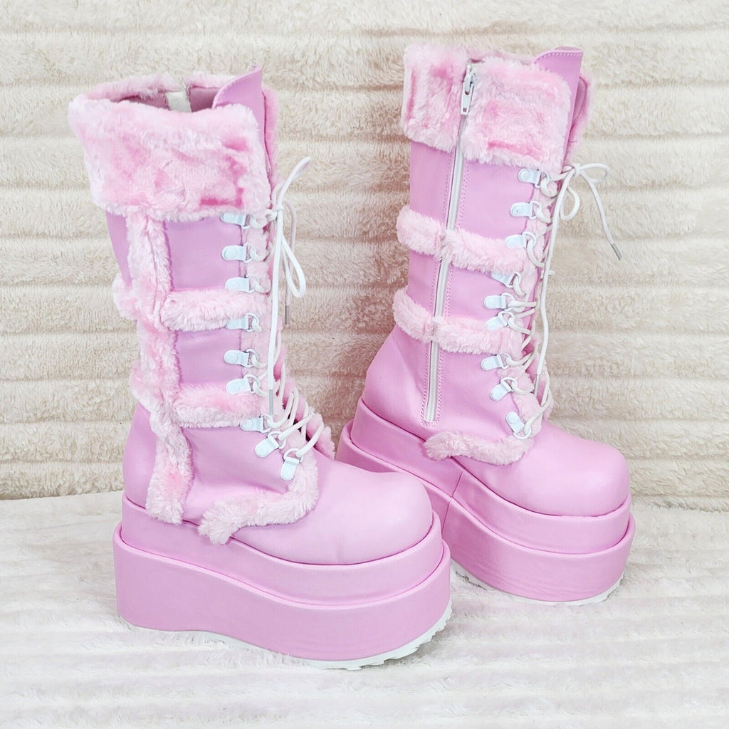 Bear 202 Pink Faux Fur / V Leather Platform Goth Punk Calf Boots NY Stomper - Totally Wicked Footwear