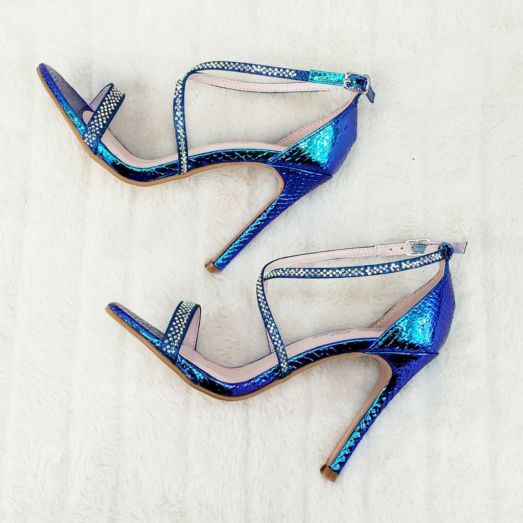 Lisa Blue Snake Hologram Cross Strap Jeweled 4" High Heel Sandals Shoes 5.5-10 - Totally Wicked Footwear