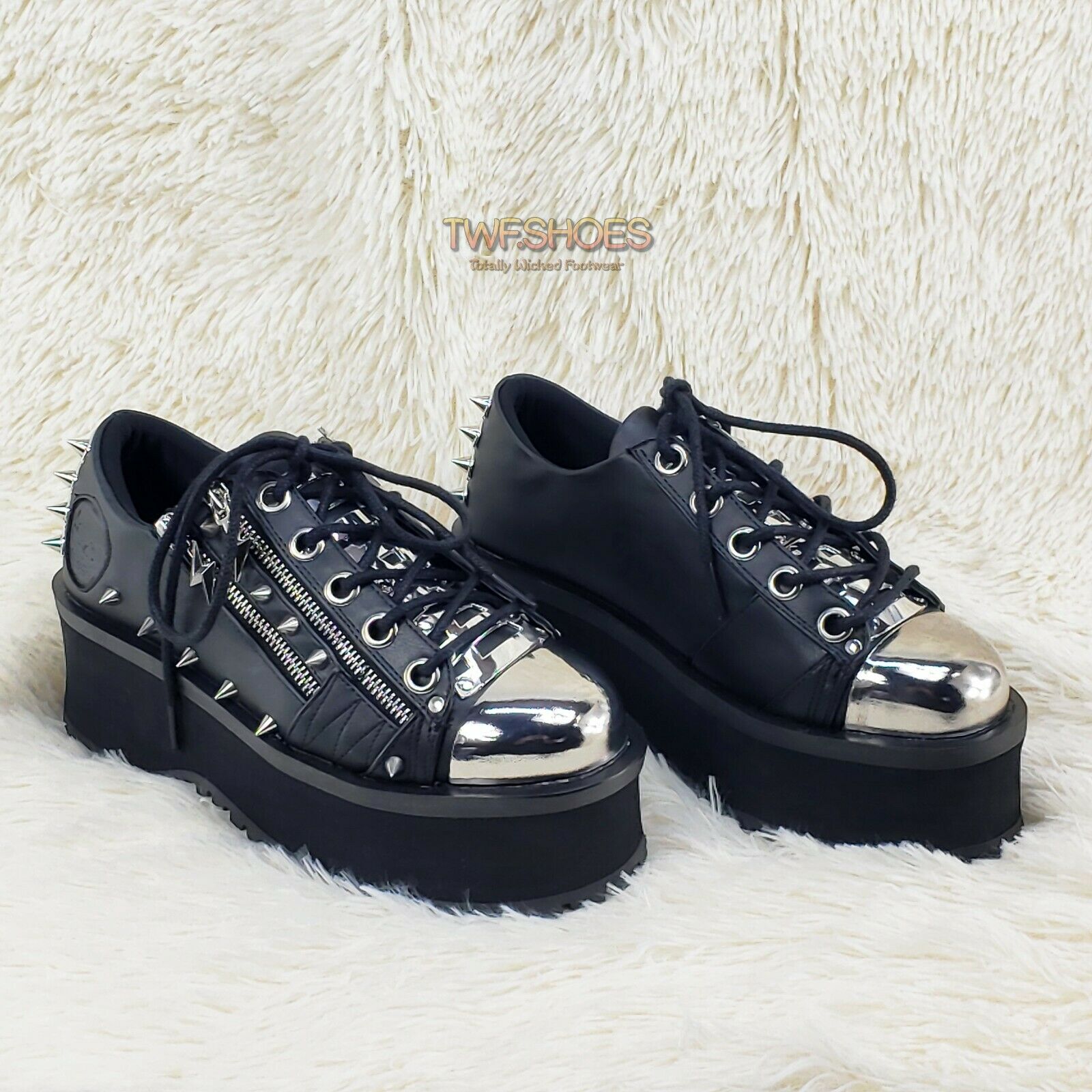 Grave Digger 04 Black Chrome Toe Plate Spiked Shoe Men 4-13 Goth Punk NY - Totally Wicked Footwear