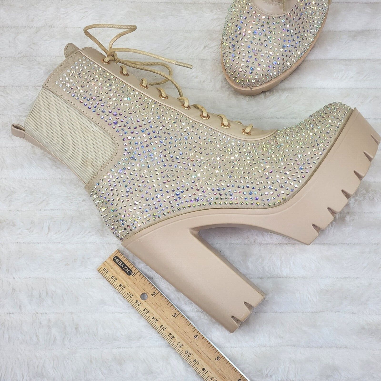 Barri Nude Beige Cream Rhinestone Chunky Heel Platform Ankle Boots - Totally Wicked Footwear