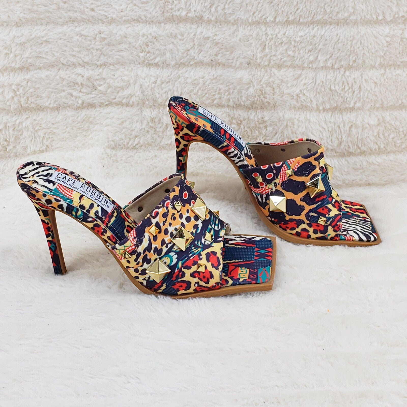 Popo Slip On Square Open Toe High Heel Clogs Mules Slides Multi Print - Totally Wicked Footwear