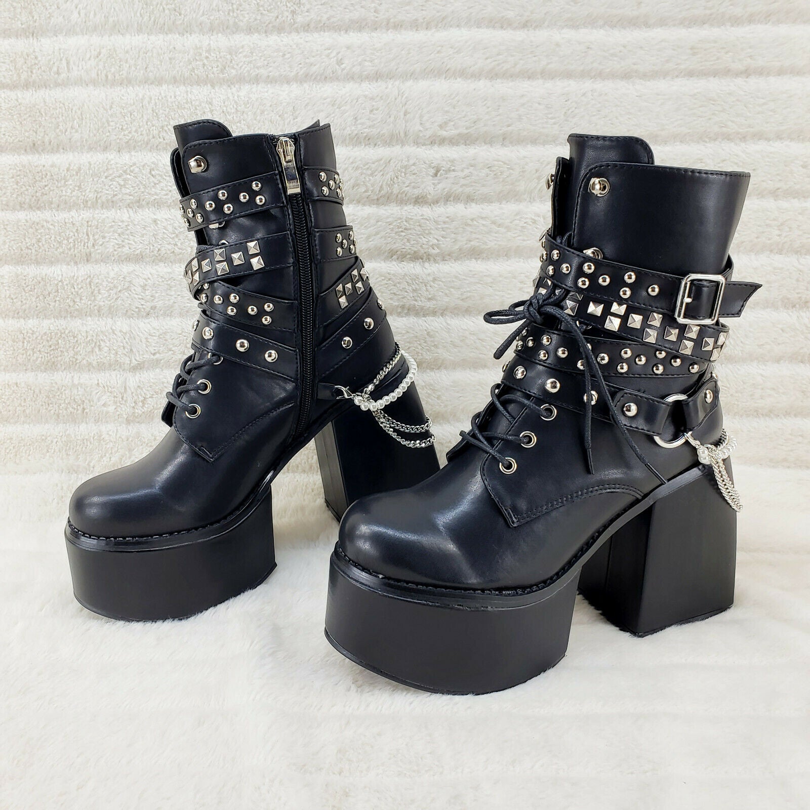 Ocho Black Ice Multipile Strap Platform Chunky Block Heel Ankle Boots - Totally Wicked Footwear