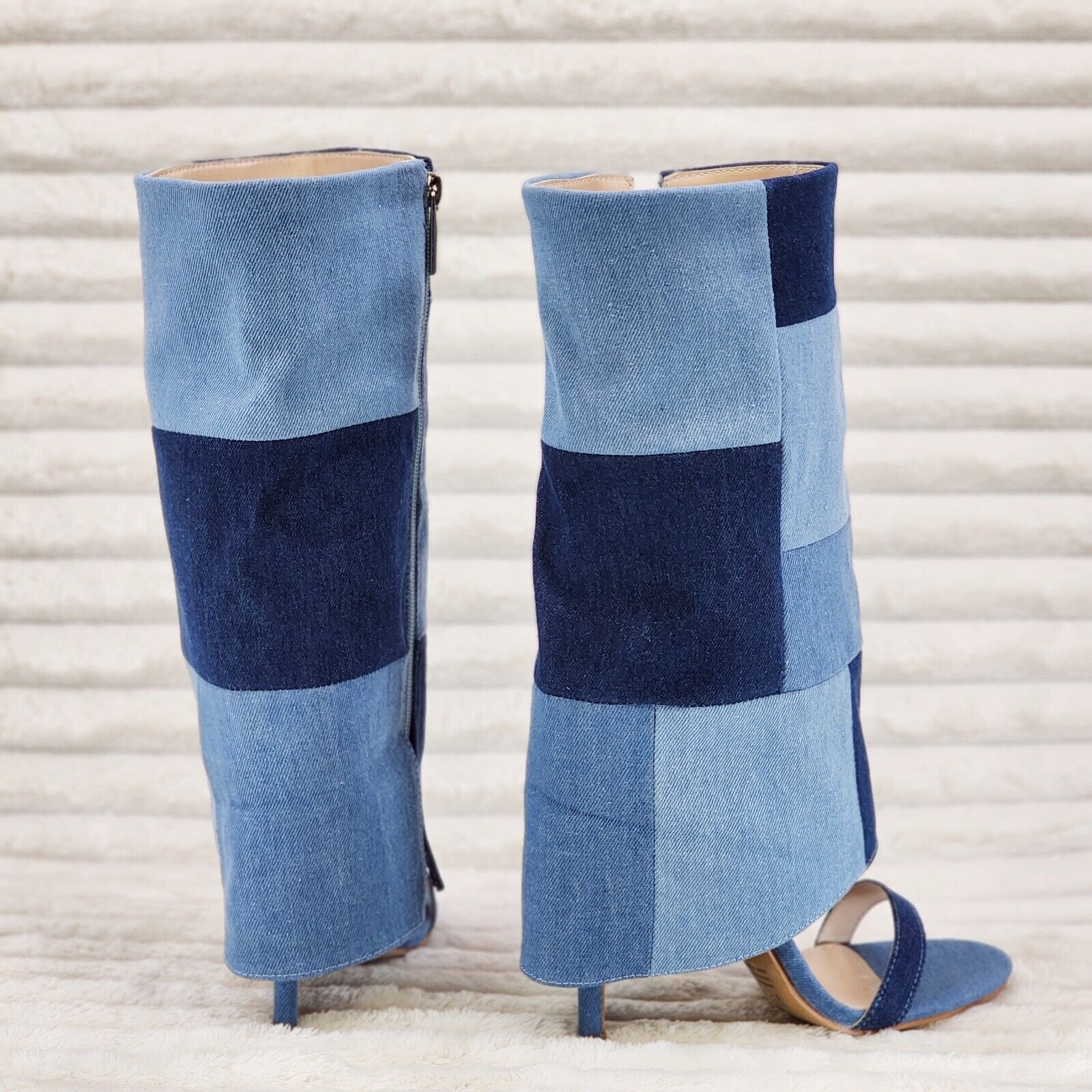 Paris Denim Patchwork Stiletto Fold Over Skirted Shootie Boot Sandals - Totally Wicked Footwear