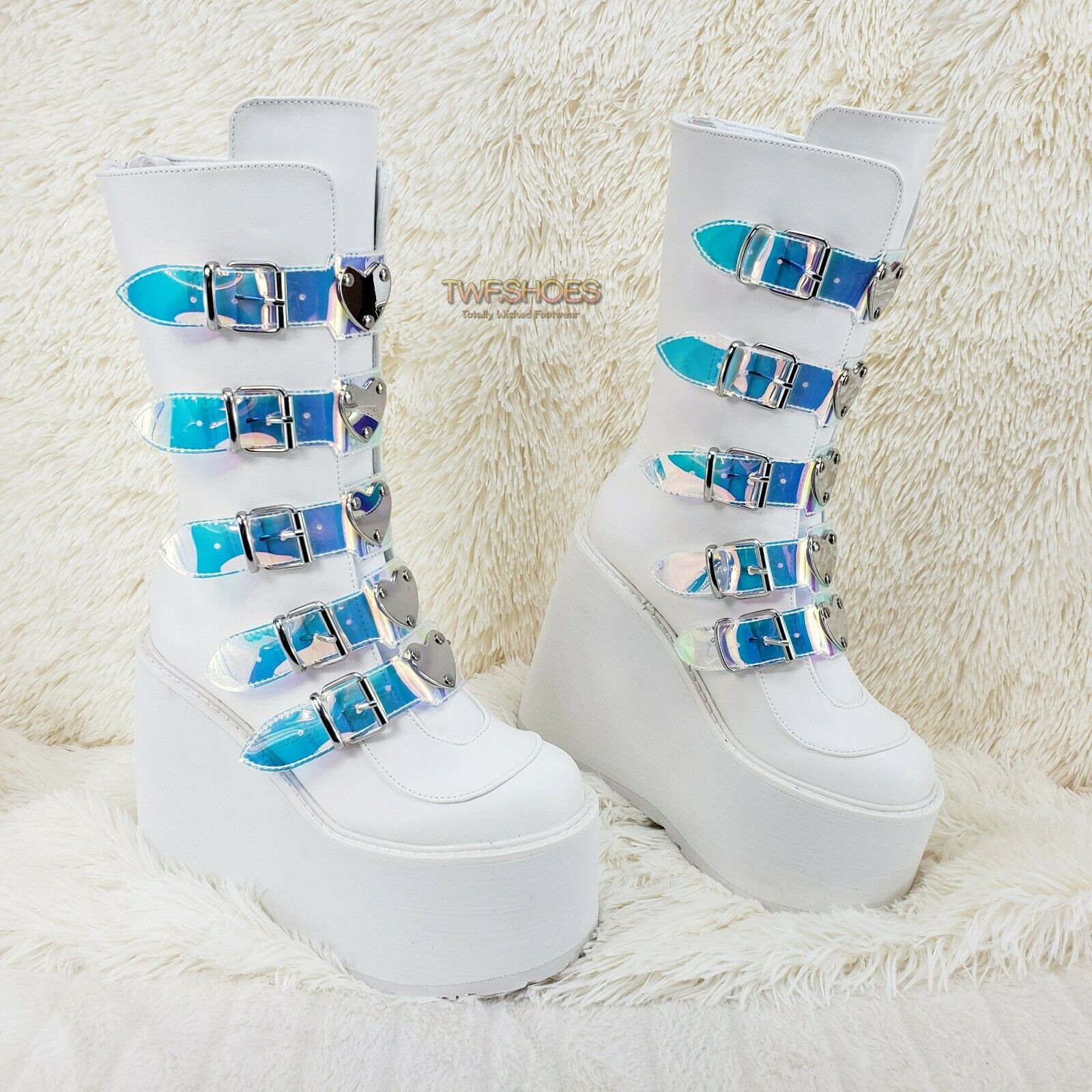 Cyber Swing 230 White Boot 5.5" Platform Heart Hologram Strap Design NY Restock - Totally Wicked Footwear