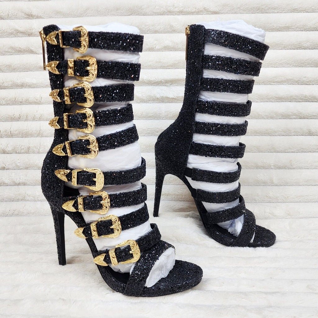 Nelly Bernal Wavy Multi Strap High Heels Shootie Boots Black Glitter Sparkle - Totally Wicked Footwear