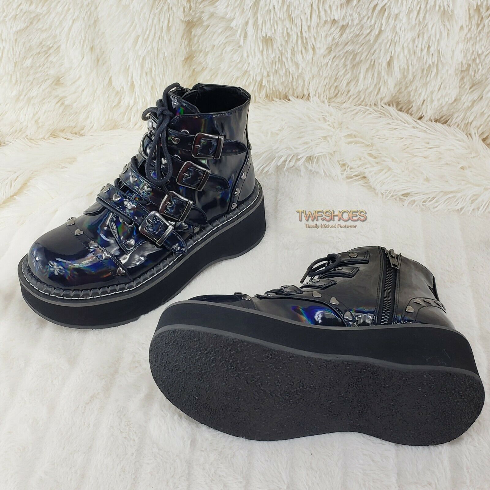 Demonia Emily 315 Black Holo Patent Heart Stud 2" Platform Ankle Boot Shoes NY - Totally Wicked Footwear
