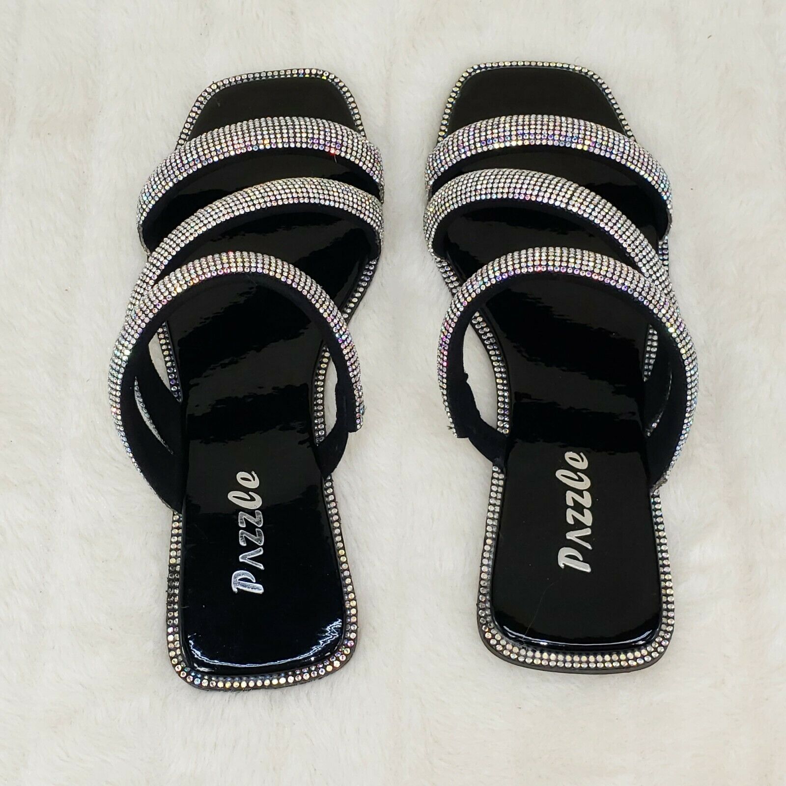 Sparkle Triple Padded Strap Slip On Iridescent Rhinestone Sandals Black - Totally Wicked Footwear