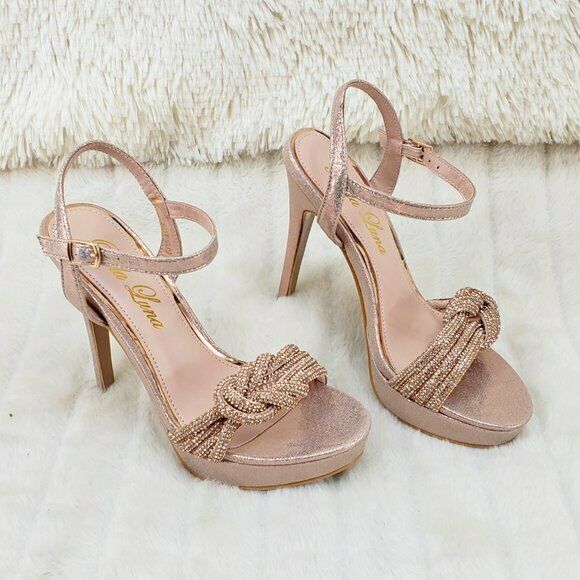 Gorgeous Rose Gold Shimmery Platform Rhinestone High Heel Sandals Shoes - Totally Wicked Footwear