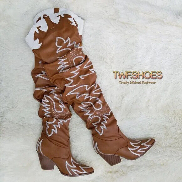CR Kelsey 21 Rock Star Tan & White Western Slouch OTK Thigh High Cowboy Boot - Totally Wicked Footwear